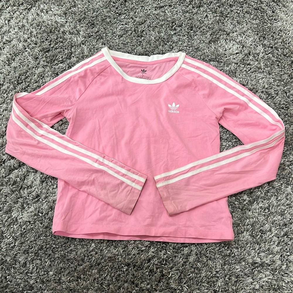 Adidas Classic Pink top with 3 white lines on sleeves-size L (13-14)